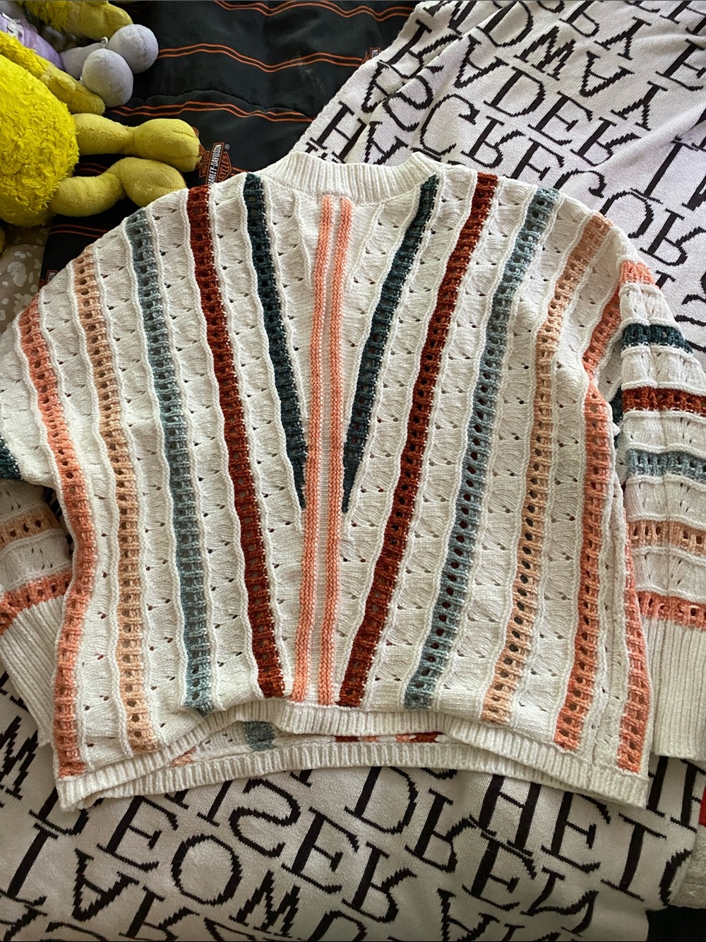Maurices Cream Crewneck Sweater with Rust, Peach & Teal Stripes - Picture 7 of 8